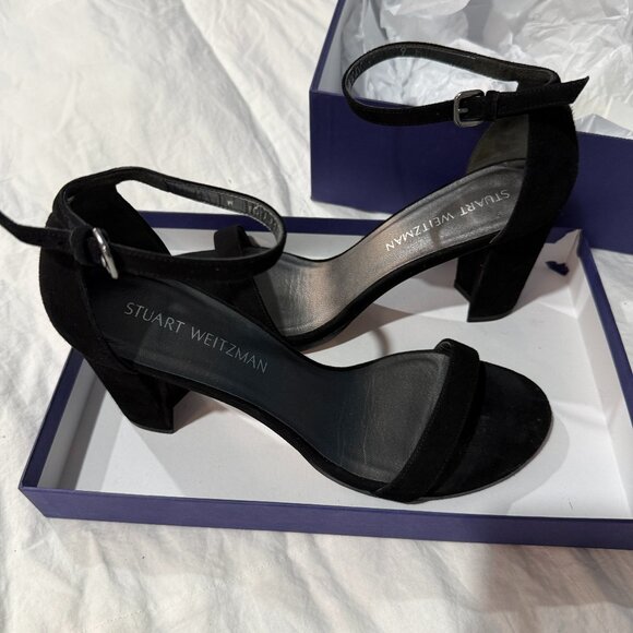 Stuart Weitzman NearlyNude Black Suede Block-Heel Sandals - Size 9 - Picture 1 of 3